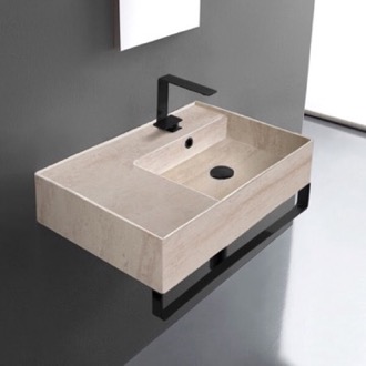 Bathroom Sink Beige Travertine Design Ceramic Wall Mounted Sink With Matte Black Towel Bar Scarabeo 5117-E-TB-BLK